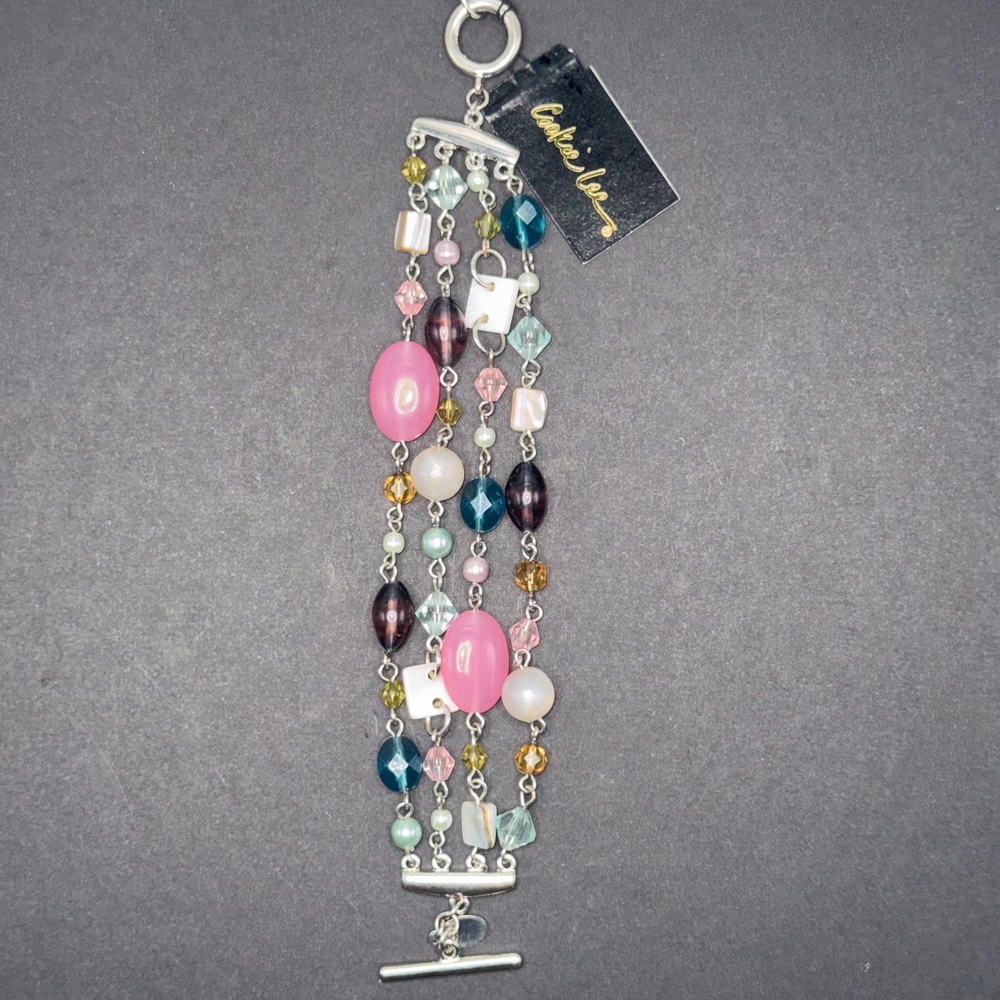 Vintage Cookie Lee Silver Multi Strand Pink Purple Crystal Bracelet Swarovski NW